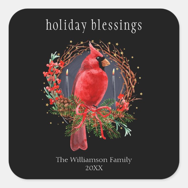 Christmas Red Cardinal Yule Solstice Boho Holiday Square Sticker (Front)