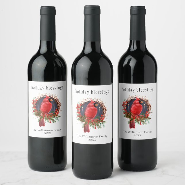 Christmas Red Cardinal Yule Solstice Boho Holiday Wine Label (Bottles)