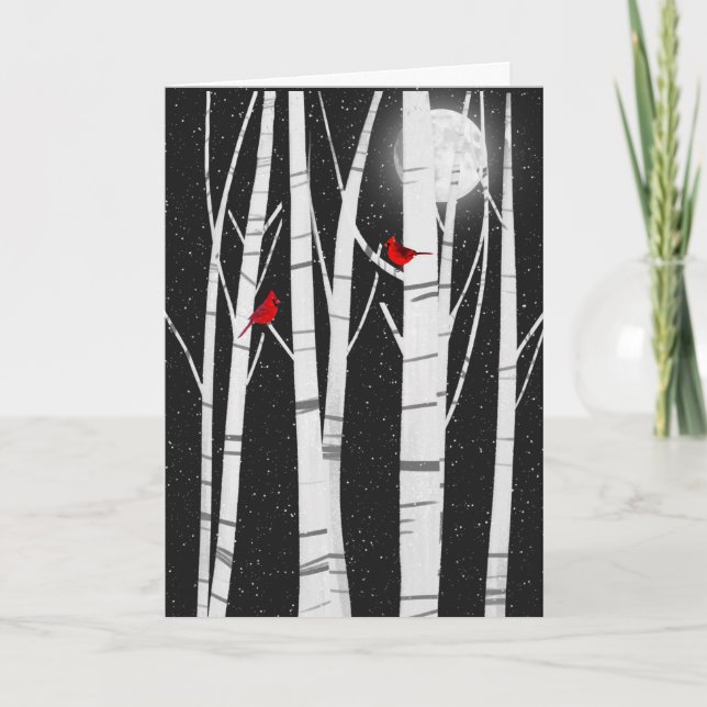 Christmas red cardinals in birch trees holiday card (Front)