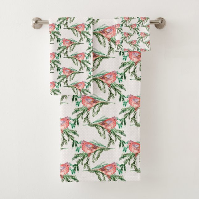 Christmas Red Cardinals On Pine Branch Bath Towel Set (Insitu)