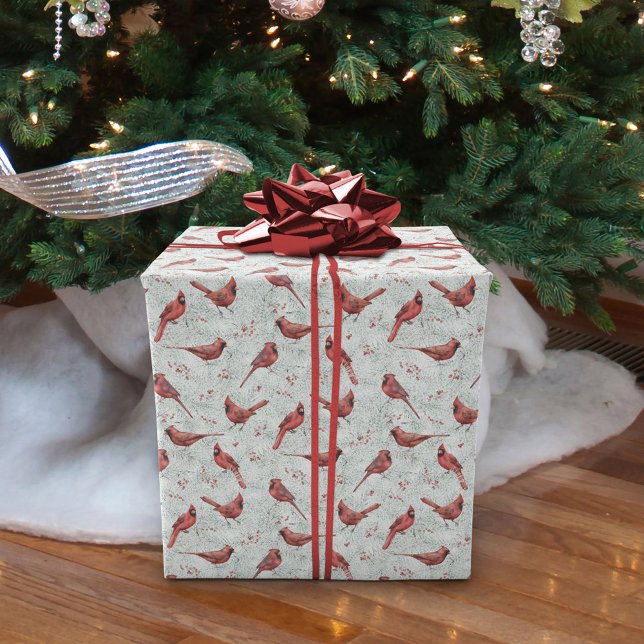 Christmas Red Cardinals White Snowy Pine Wrapping Paper (Creator Uploaded)
