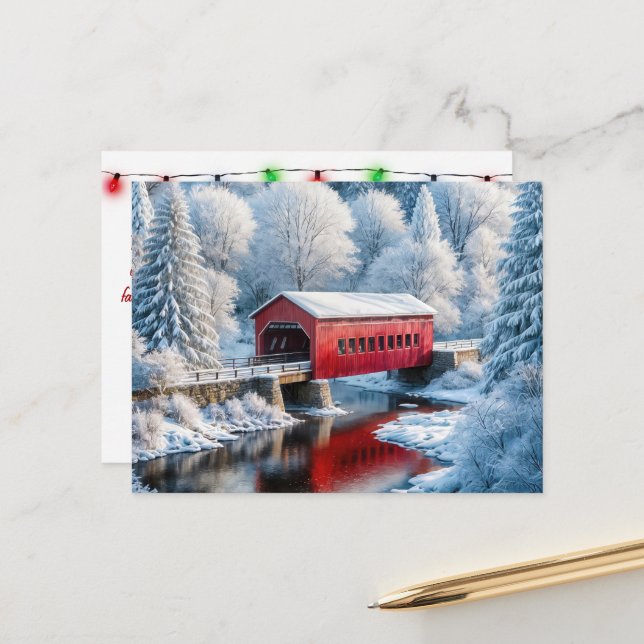 Christmas Red Covered Bridge In Winter Forest Holiday Postcard (Front/Back In Situ)