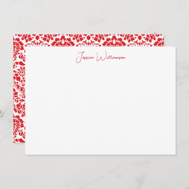 Christmas Red Damask Personalised Name Stationery Card (Front/Back)