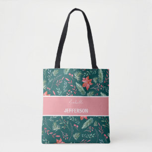 Christmas Red Dark Green Flowers Monogram Tote Bag