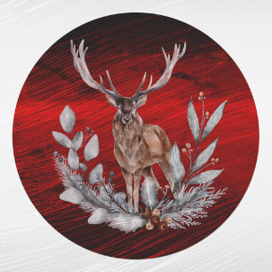 Christmas Red Deer Buck Floral Watercolor Classic Round Sticker
