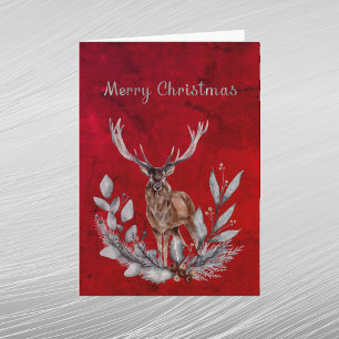 Christmas Red Deer Buck Floral Watercolor Holiday Card