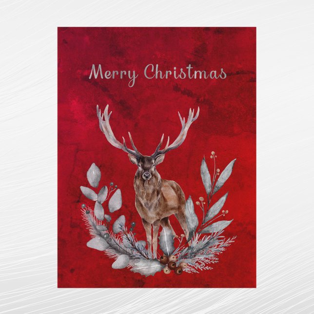 Christmas Red Deer Buck Floral Watercolor Holiday Postcard (Creator Uploaded)