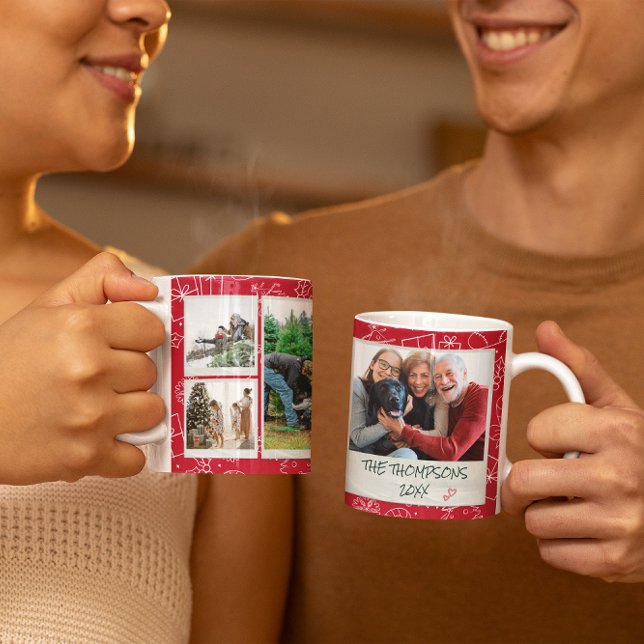 Christmas Red Doodles Multi Photo Family Gift Coffee Mug (Creator Uploaded)