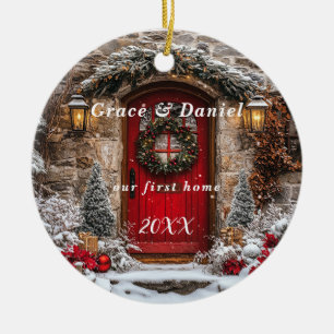 Christmas Red Door Wreath "Our First Home" Ceramic Ornament