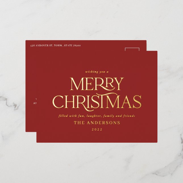 Christmas red elegant minimal modern typography foil holiday postcard (Front/Back)