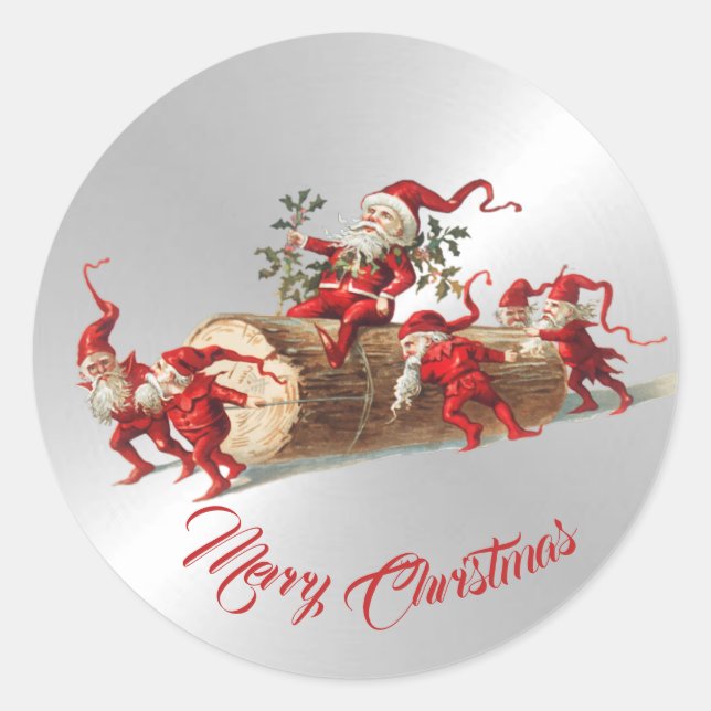 Christmas Red Elves Beautiful Silver Classic Round Sticker (Front)