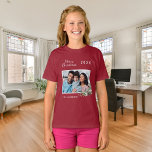 Christmas red family photo cone pine name girl T-Shirt<br><div class="desc">Red shirt. Personalise and add your own family photo. A white frame decorated with a cone and pine greenery.  Add your family name and year.</div>