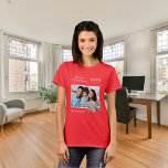 Christmas red family photo cone pine name T-Shirt<br><div class="desc">Red shirt. Personalise and add your own family photo. A white frame decorated with a cone and pine greenery.  Add your family name and year.</div>