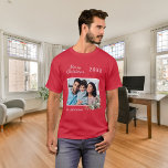 Christmas red family photo cone pine name T-Shirt<br><div class="desc">Red shirt. Personalise and add your own family photo. A white frame decorated with a cone and pine greenery.  Add your family name and year.</div>