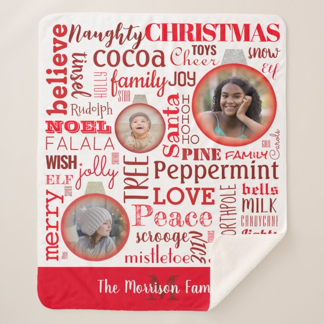 Christmas Red Family Photo Monogram Sherpa Blanket (Front)