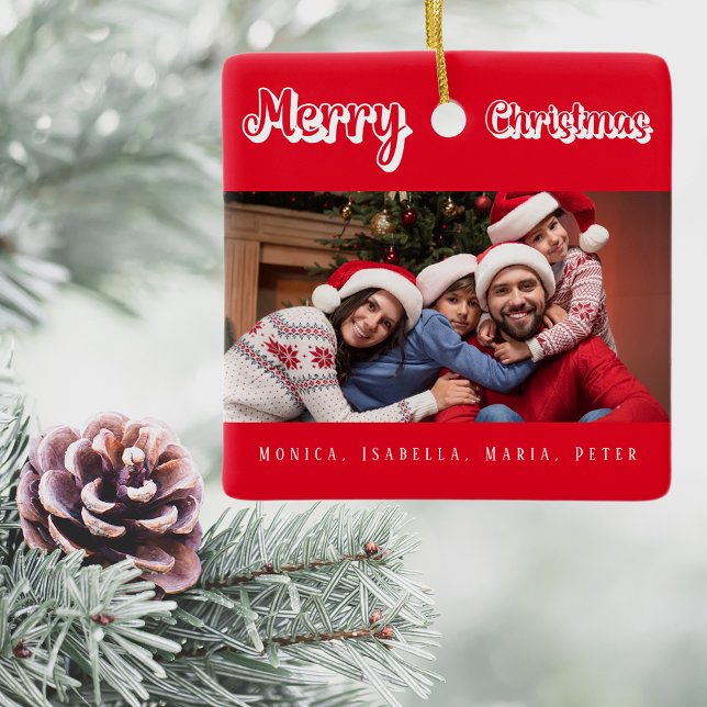 Christmas red family photo names modern ceramic ornament (Creator Uploaded)