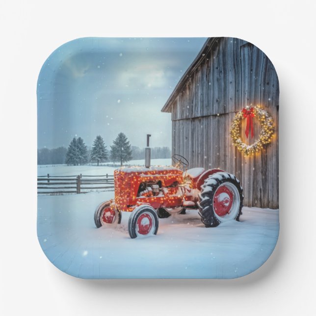 Christmas Red Farm Tractor In Snow Paper Plate (Front)