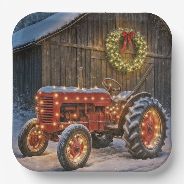 Christmas Red Farm Tractor With Glowing Wreath Paper Plate (Front)