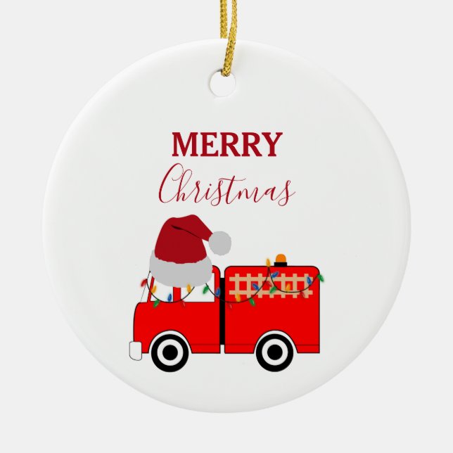 Christmas Red Fire Truck  Ceramic Ornament (Front)