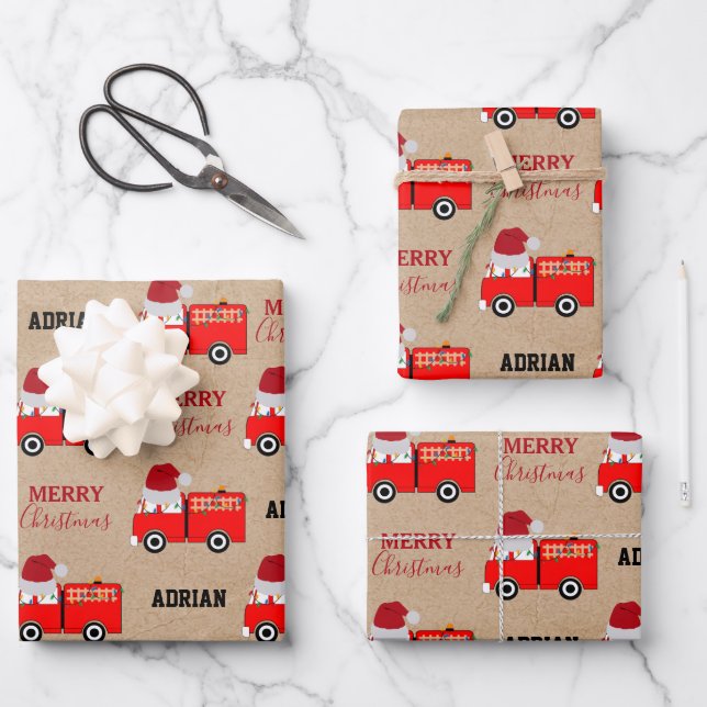 Christmas Red Fire Truck Custom Name Kraft Wrapping Paper Sheet (Front)