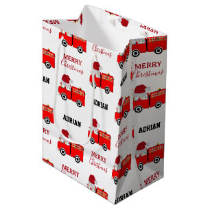 Christmas Red Fire Truck Custom Name Medium Gift Bag