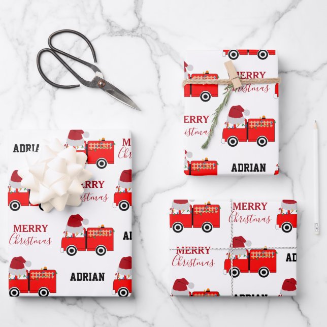 Christmas Red Fire Truck Custom Name Wrapping Paper Sheet (Front)