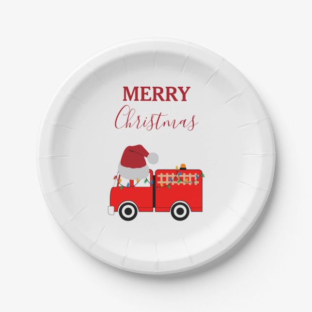 Christmas Red Fire Truck  Paper Plate (Front)