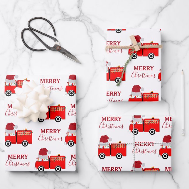 Christmas Red Fire Truck   Wrapping Paper Sheet (Front)