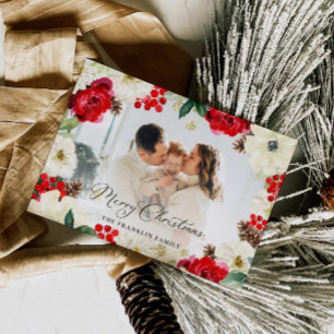 Christmas Red Floral Photo Greeting Card