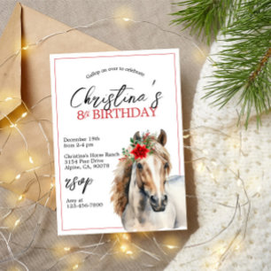 Christmas red floral poinsettia horse birthday invitation