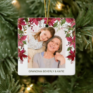 Christmas Red Floral Poinsettia Photo Monogram Ceramic Ornament