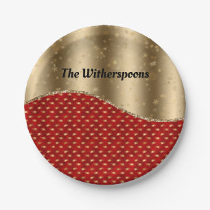 Christmas Red Floral with Gold Ribbon and Name Paper Plate