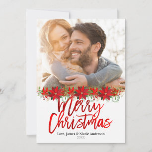Christmas Red Foil Modern Floral Holiday Photo Card