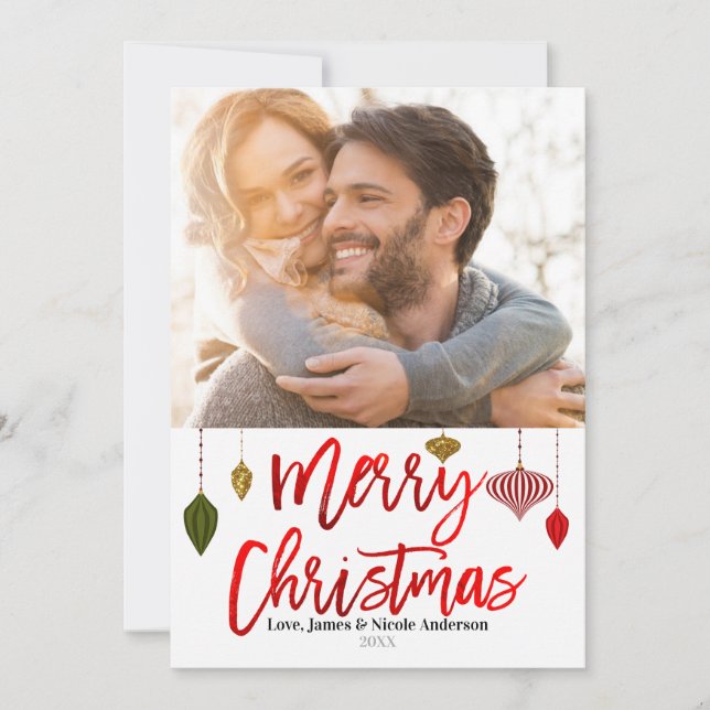 Christmas Red Foil Modern Ornaments Holiday Photo (Front)