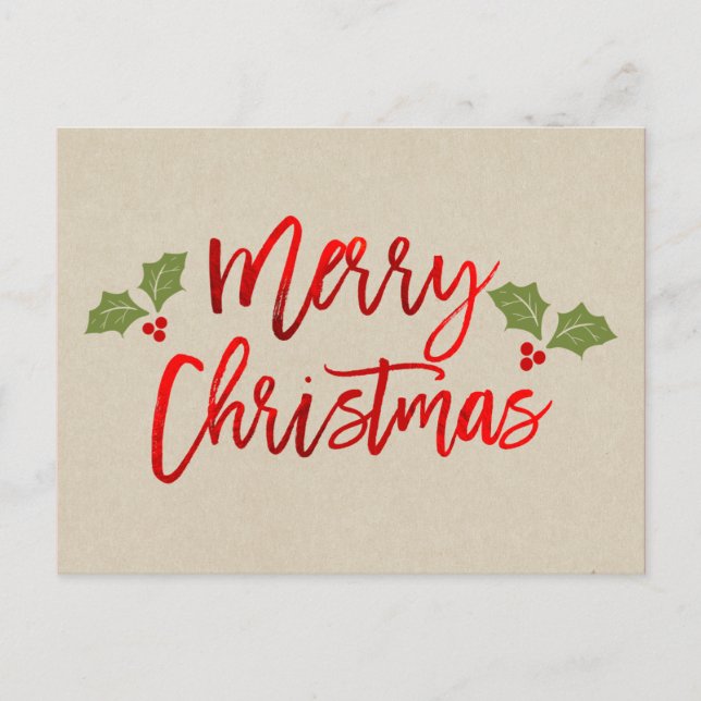 Christmas Red Foil Modern Script Holiday Kraft Postcard (Front)