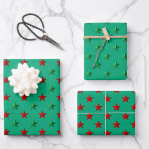 Christmas Red Forest Green Stars Holiday Wrapping Paper Sheet