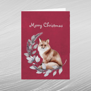 Christmas Red Fox Leaves Watercolor Holiday Card
