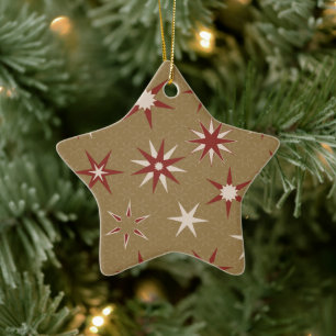 Christmas Red Geo Stars - on gold pattern. Ceramic Ornament