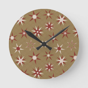  Christmas Red Geo Stars - on gold pattern. Round Clock