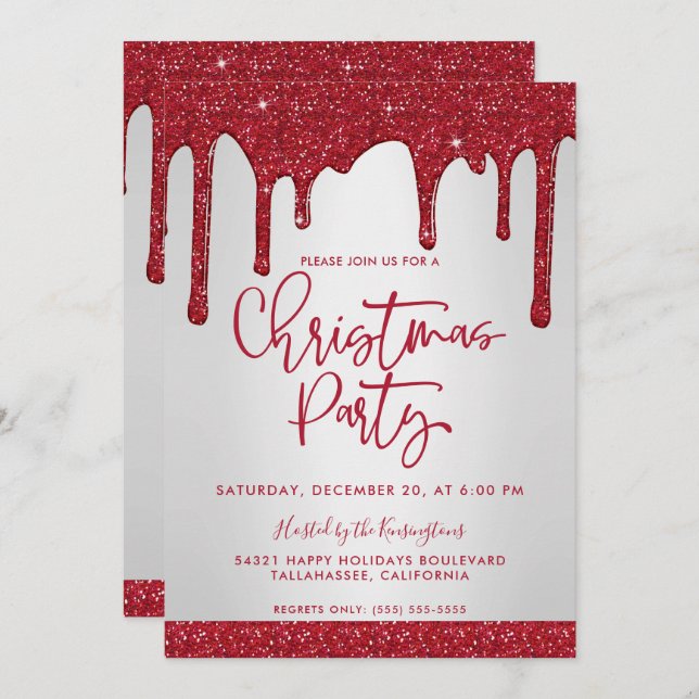 Christmas Red Glitter Drips Christmas Party Invitation (Front/Back)