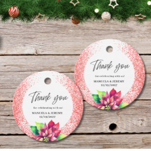 Christmas Red Glitter Poinsettia Thank you Wedding Favour Tags
