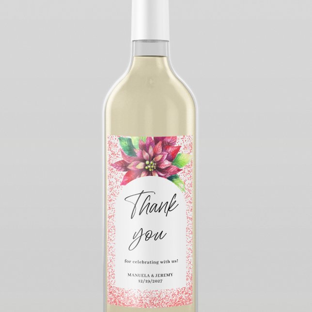 Christmas Red Glitter Poinsettia Thank you Wedding Wine Label (Creator Uploaded)