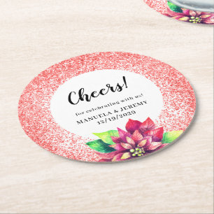 Christmas Red Glitter Poinsettia Wedding Round Paper Coaster