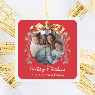 Christmas red gold bauble family photo square sticker