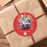 Christmas red gold bauble team photo logo classic round sticker<br><div class="desc">A red background. Personalise and add your own photo and company logo. A golden Christmas tree bauble as frame. Add a text,  name or your web url. White text.</div>