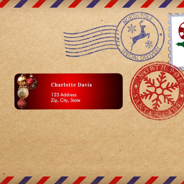 Christmas red gold baubles return address return address label (Creator Uploaded)