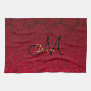 Christmas Red Gold Black Winter Monogram Tea Towel