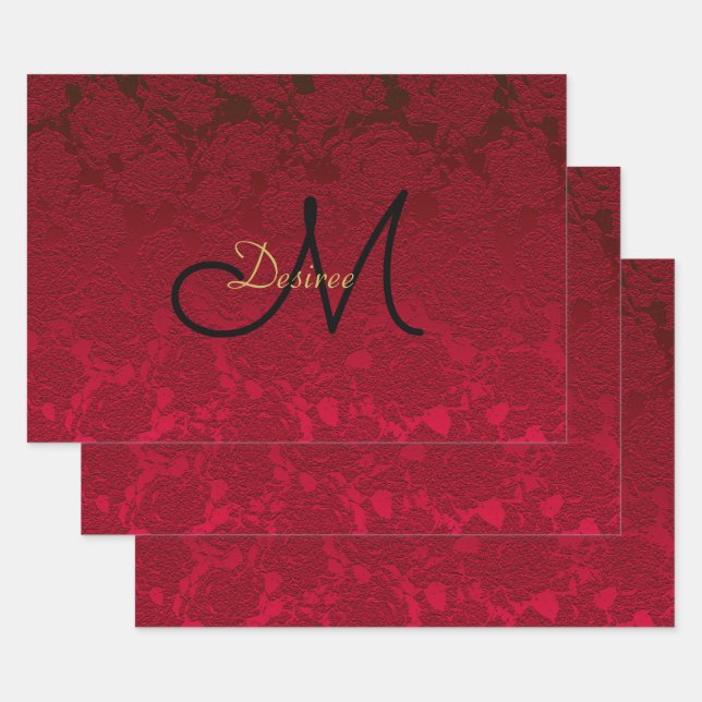 Christmas Red Gold Black Winter Monogram Wrapping Paper Sheet (Set)