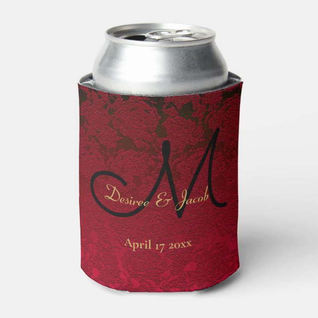 Christmas Red Gold Black Winter Wedding Monogram Can Cooler (Can Front)
