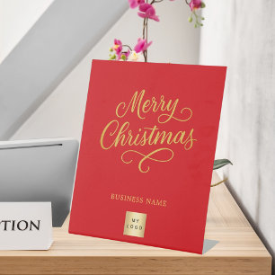 Christmas red gold business logo pedestal sign